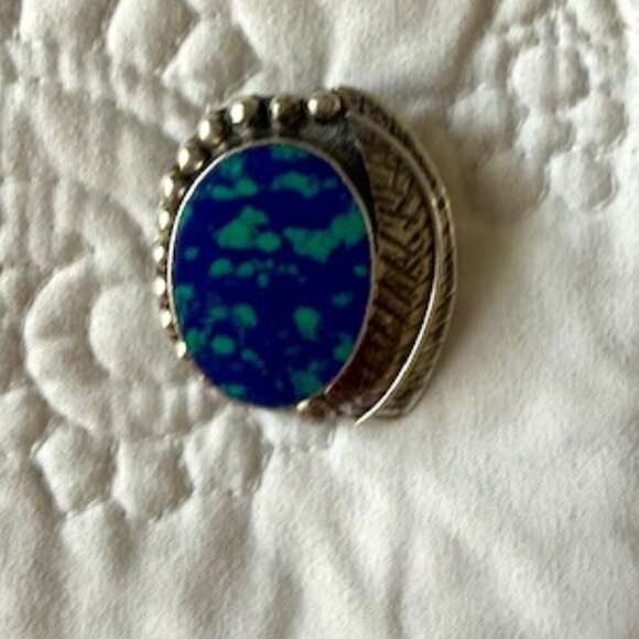 Mexico Sterling Silver Vintage Azurite Malachite Oval Leaf Pin Brooch/pendant - Picture 1 of 3